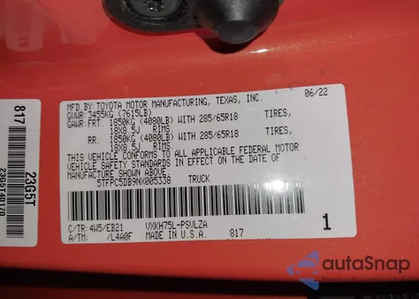 2022 Toyota Tundra Hybrid Trd Pro из США, поврежденный, VIN 5TFPC5DB9NX005338